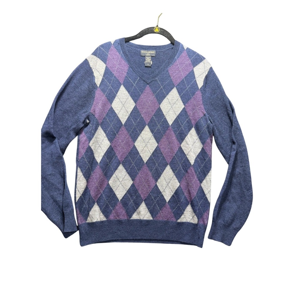 Banana Republic Sweater Men S Blue Argyle Merino Wool V-Neck 764867-00